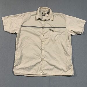 90s Rue 21 Guys Mens L Khaki Beige Striped Short Sleeve Button Up Shirt Cotton